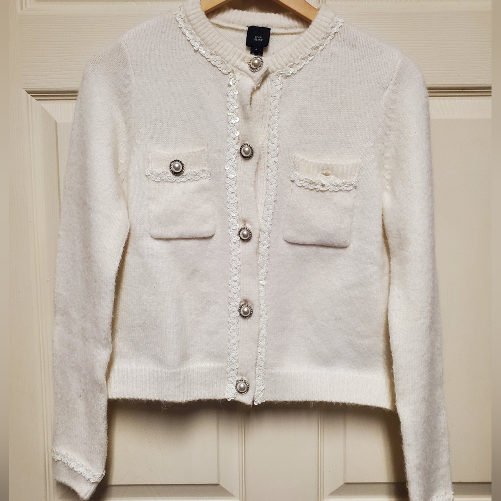 River Island Soft Knit White Embellished Crop Jacket Size 8
